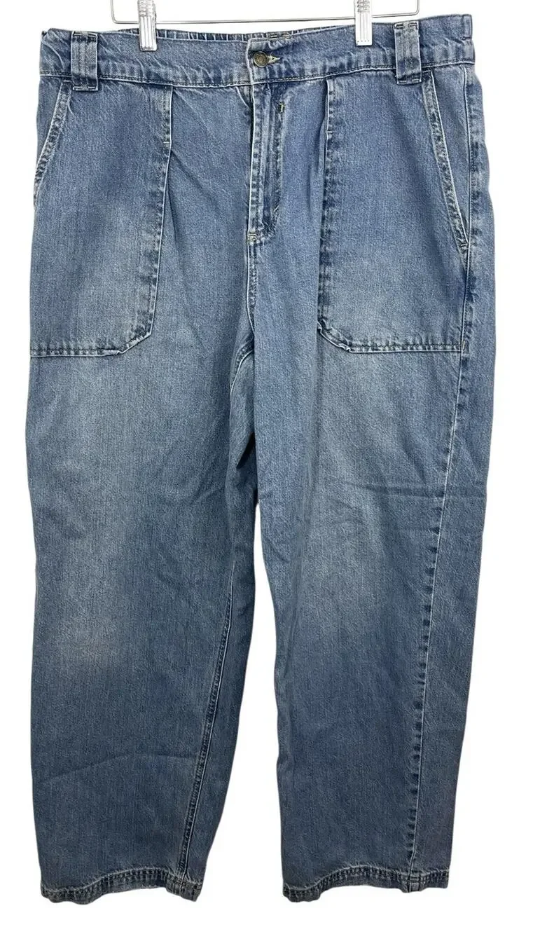 We The Free People Pull On Low Sling Oversized Blue Jeans Large Wide Leg Maeve